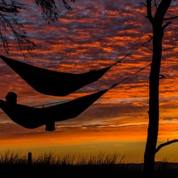 In order to reduce stress we often do things like lie in a hammock. This is a shot of two such hammocks at sunset between two trees in Glasgow.