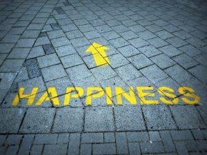 The word happiness with an arrow pointing up has been scrawled in yellow on bricked pavers to indicate the way to the happiness industry