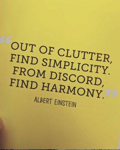 Quote on a yellow page in black writing sums up the Unashamedly Creative content creation process- out of clutter, find simplicity. From discord, find harmony. Albert Einstein