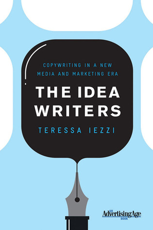 Cover art of the book The Idea Writers by Teress Iezzi - it features the words on a black ink blot coming from an old fashioned quill pen. Behind it is a light blue background that sort of looks like an hour glass but more modern