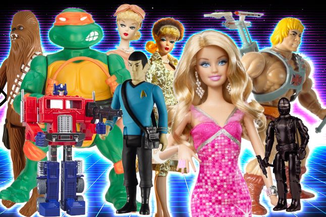 Toys that Made us featured content all displayed together in a huddle including Barbie, Star Trek dolls, Ninja Turtles, He Man and Chewy from Star Wars.