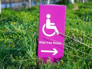 A wheelchair symbol is on a sign. The symbol is above the words "step free route" with an arrow pointing right. It is in lumpy grass.