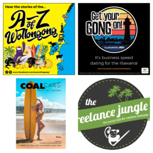 A bunch of logos are featured in four panels to signify that the A to Z of Wollongong podcast, Freelance Jungle, Get your Gong on and Coal Coast magazine support Illawarra business with Rebekah Lambert's help