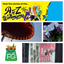 Port Kembla is featured in a collage of the Gong Az podcast, servo food truck bar, port grocer logo, women of steel movie poster at Warrawong gala cinema and flowers from All Occasion Flowers