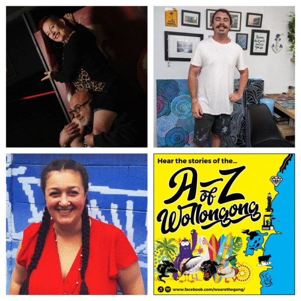 Wollongong podcast Gong Az logo with Shane Moon, Zach Bennet-Brook smiling in his art studio and Gia Frino with plaits down her side smiling at camera 